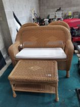 Wicker Conservatory suite with cream cushions - 2 seater settee, 2 armchairs and coffee table