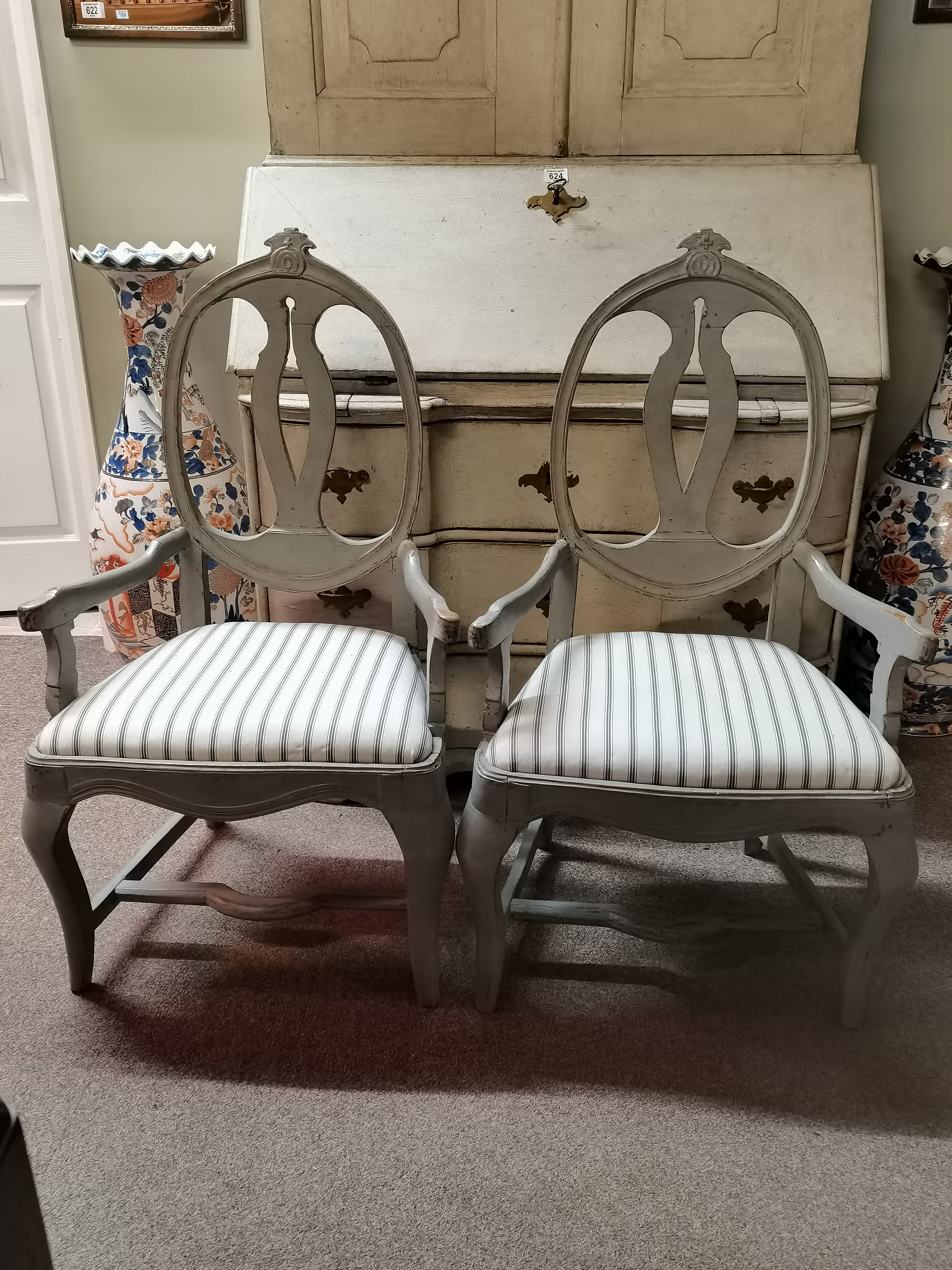 A pair of Swedish Rocco shabby chic style chairs