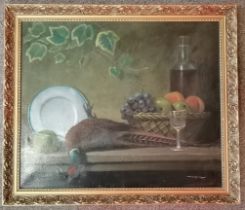 Thompson (English School, 20th Century), Still life of pheasant, fruit bowl and ivy