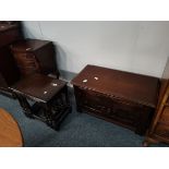 A mahogany bedside cabinet, plus an oak nest of ta