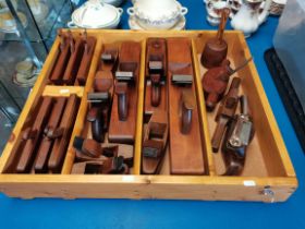 Large wooden tray of vintage wood planes