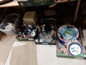 x4 boxes misc items incl vintage clock and radio, Coalport lady figure, plates etc