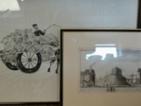 x3 framed items - Cliffords Tower York Etching, Oriental Screen print and Chinese Silk picture