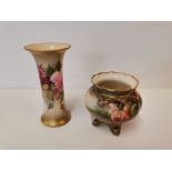 A Royal Worcester small trumpet vase, and a Hadley's Worcester cauldron vase