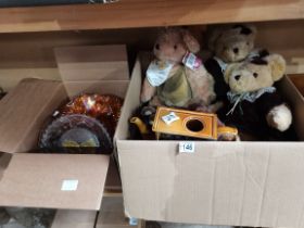 2 Boxes Containing Carnival Glass, Roxby Burns plate, Teddy Bears from The Traditional Collection an