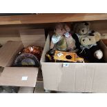 2 Boxes Containing Carnival Glass, Roxby Burns plate, Teddy Bears from The Traditional Collection an