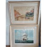 Watercolour by Robert A Williams of Staithes plus Ship picture "The Golden Hinde"