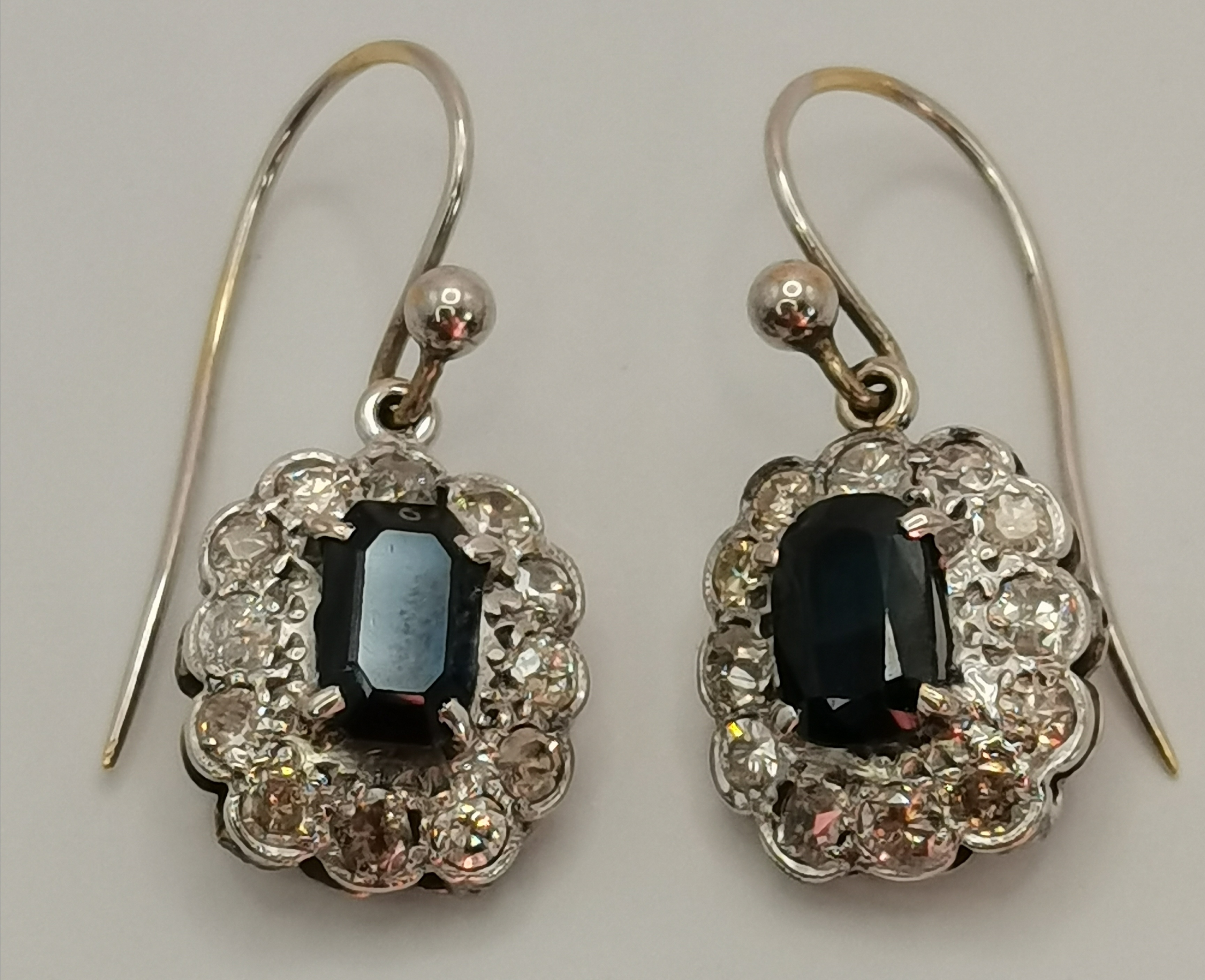 A pair of diamond and sapphire cluster pendant earrings, early 20th Century - Image 2 of 3