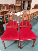 set of 4 Edwardian inlaid chairs with red velvet seats