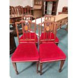 set of 4 Edwardian inlaid chairs with red velvet seats