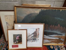 A selection of x14 pictures including a signed watercolour by Pauline Walker