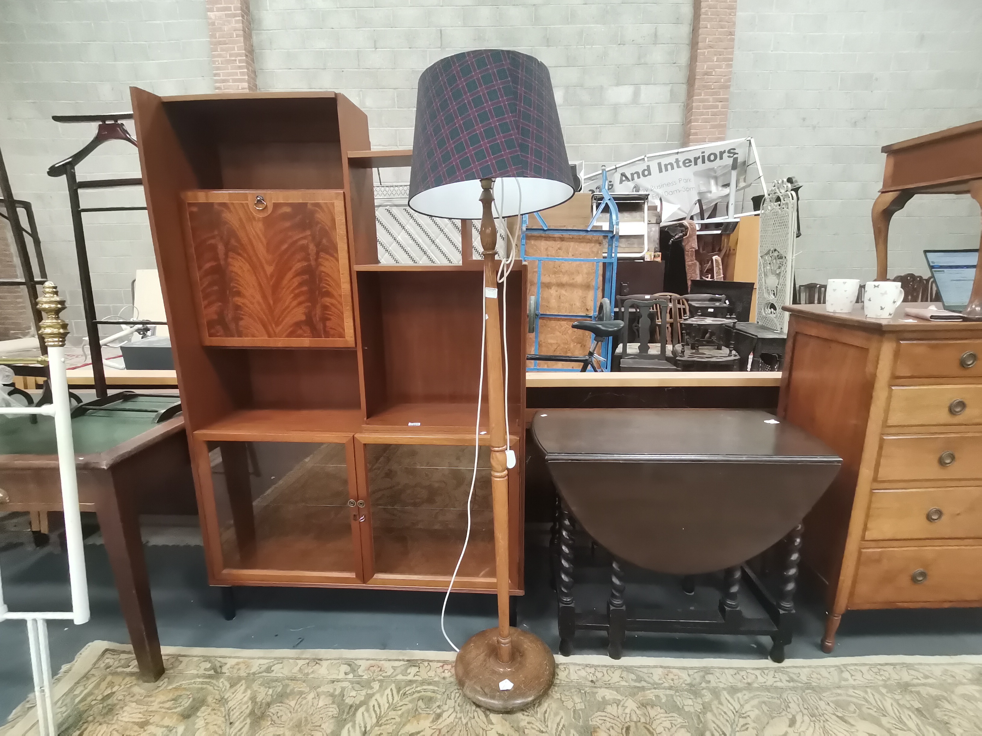 Mid century mahogany and inlaid understairs drinks cabinet with glass shelves