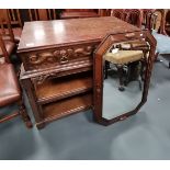 A good carved Japanese oak style serving table plus a matching wall mirror