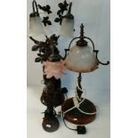 Three table lamps with glass shades