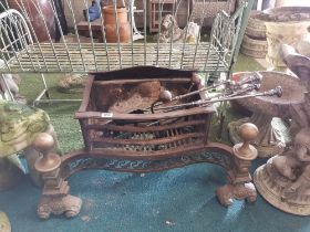 Victorian cast iron brass mounted fire grate with 2 Dog Irons and companion set W75cm (max) x D40cm