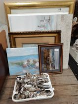 A Collection of Canvases and Paintings and cutlery