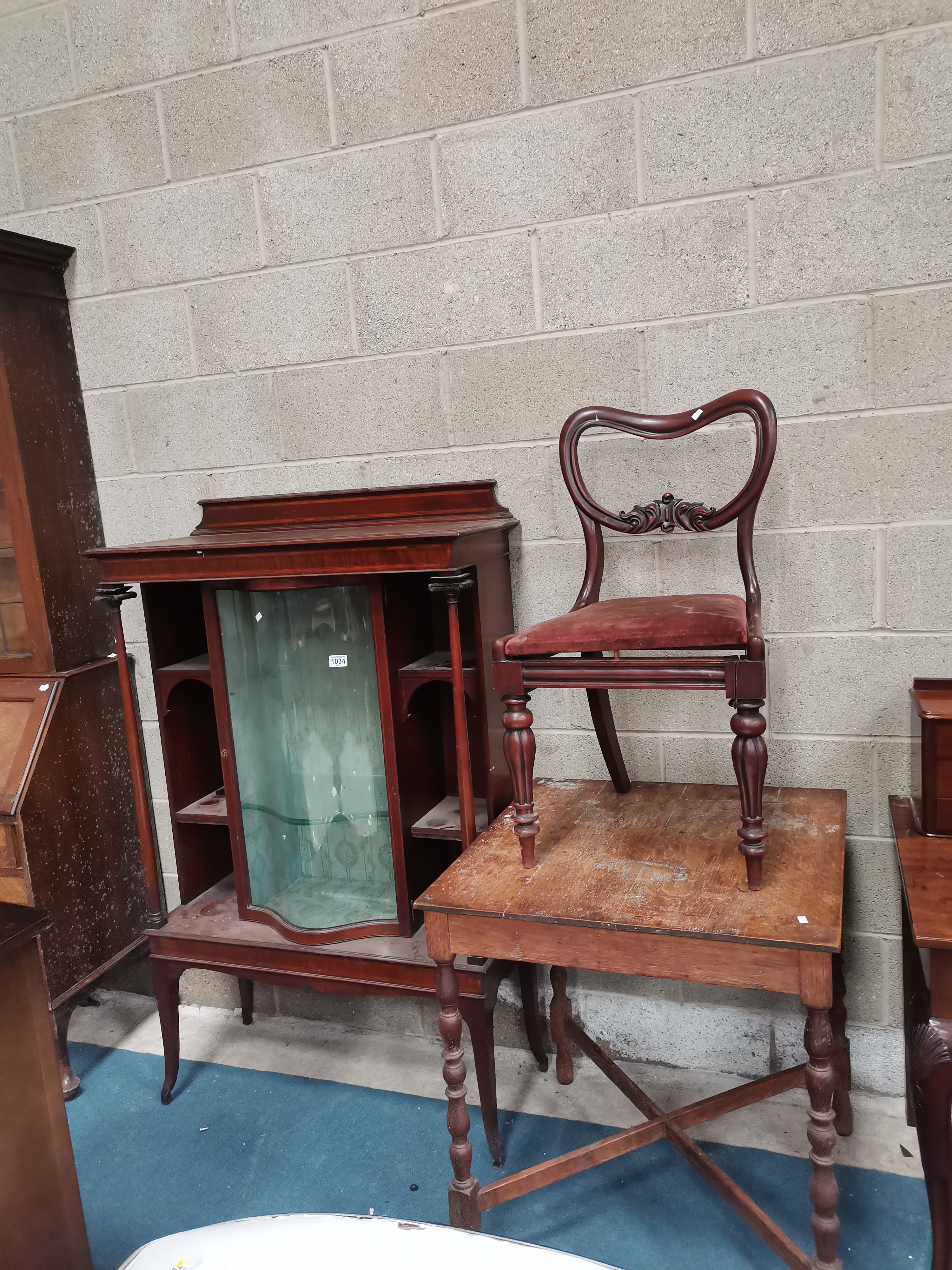 Edwardian Mahogany inlaid display cabinet plus Antique square table and mahogany balloon back chair - Image 2 of 2