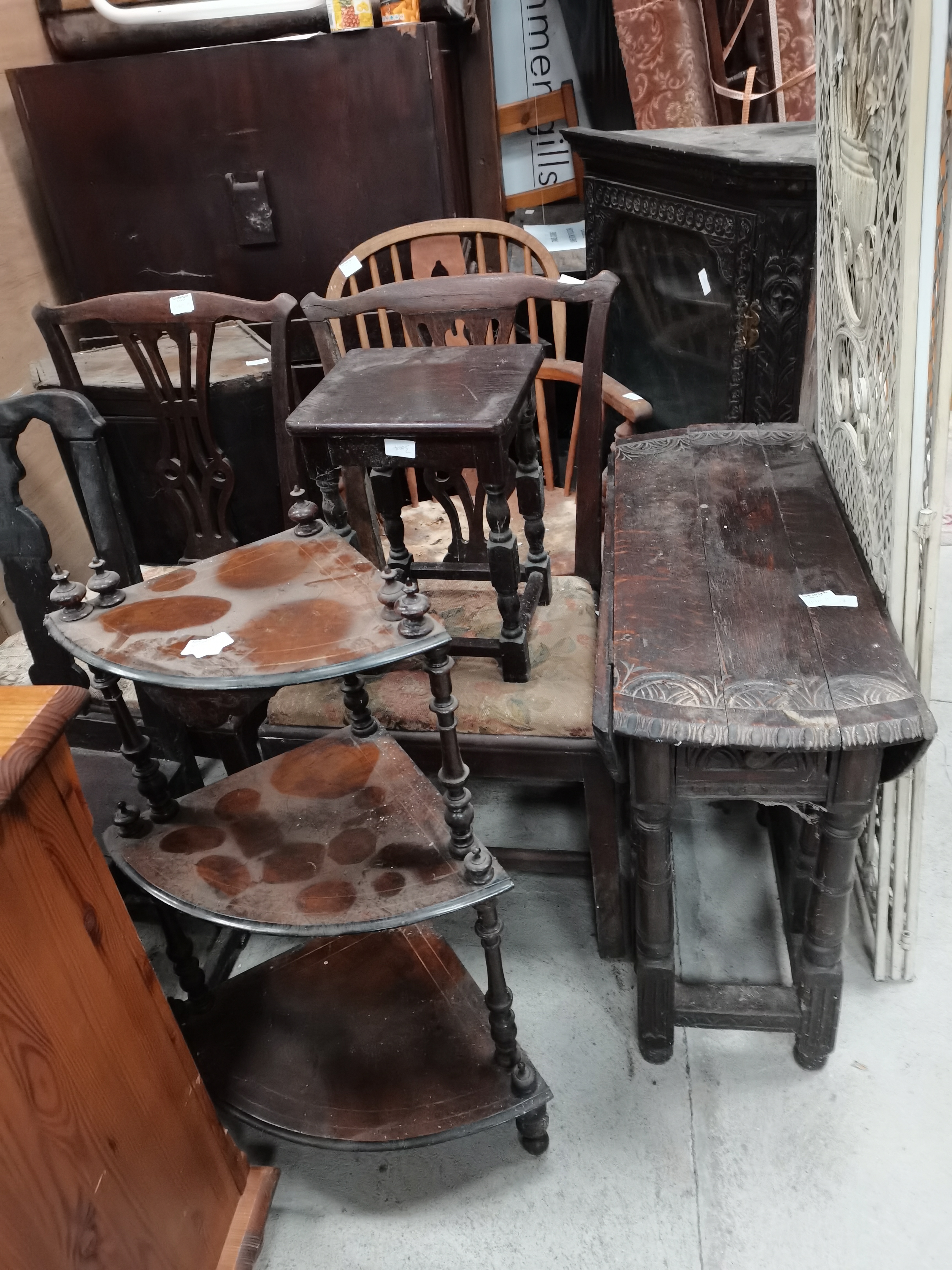 Misc. antique furniture incl Windsor Chair, corner cupboards, vintage folding metal screen etc - Image 3 of 4