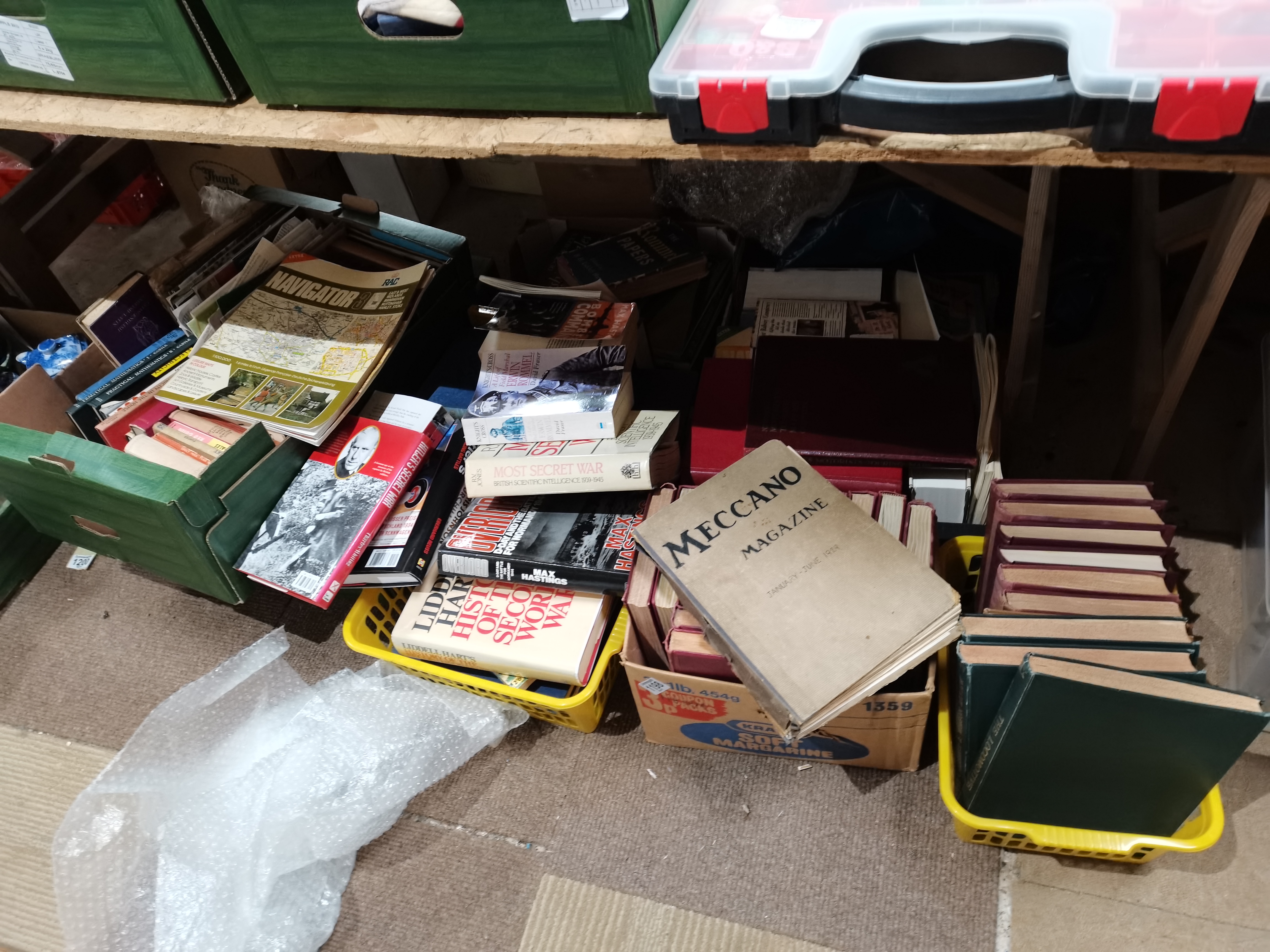 x6 boxes vintage books incl WWII, Meccano magazine 1929 etc