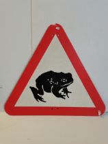 Frog / Toad on Road Beware triangular sign plus a 20th century oak coat rack