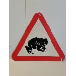 Frog / Toad on Road Beware triangular sign plus a 20th century oak coat rack