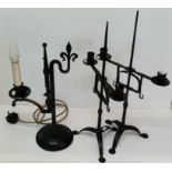 A Pair of Vintage Iron candlesticks plus iron lamp