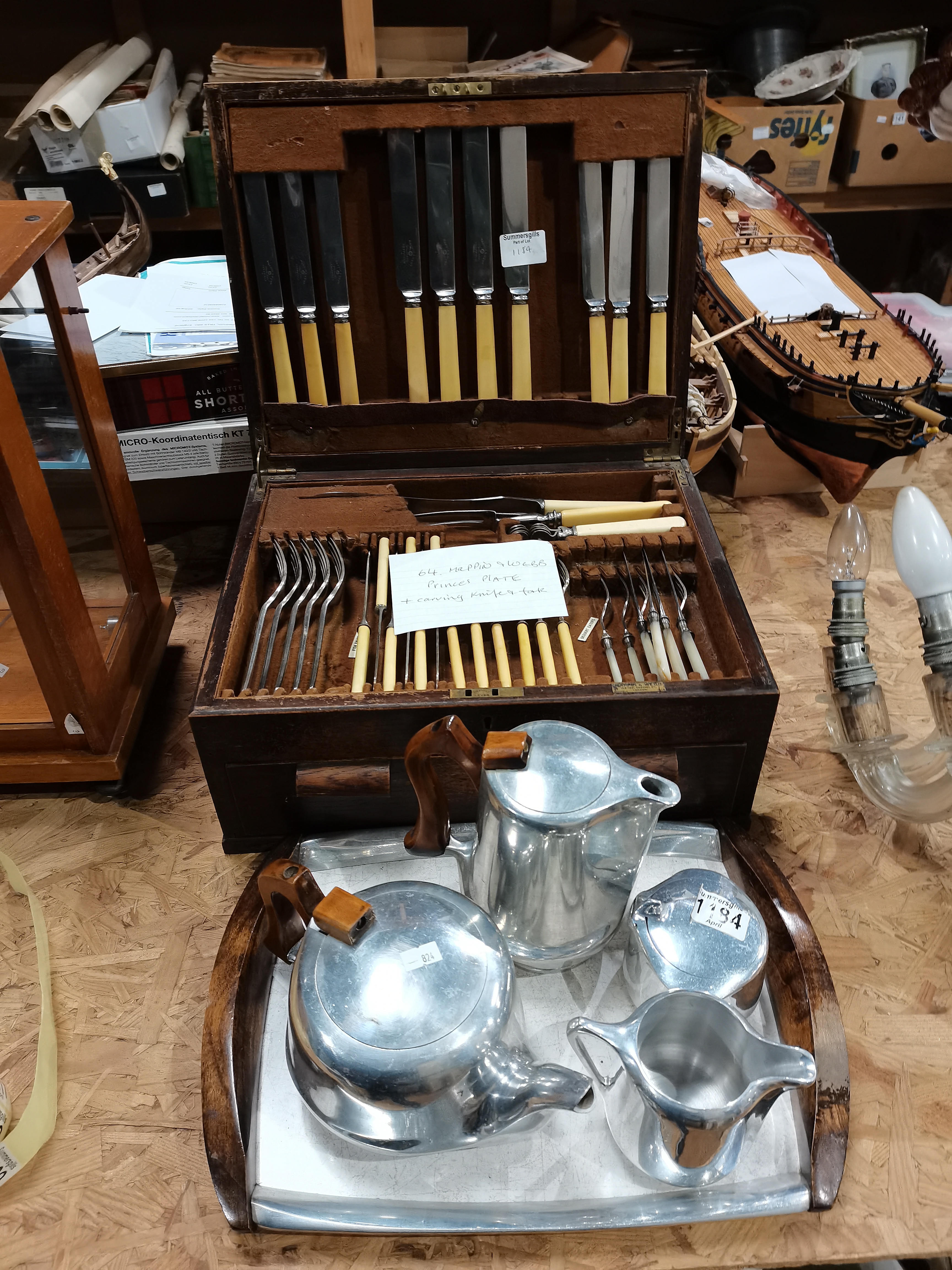 4 piece Piquot ware tea and coffee set, plus Mappin & Webb 64 piece cutlery set in wooden case