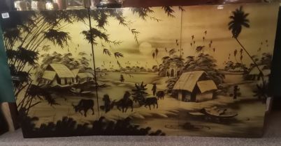 Three large oriental black and gilt lacquered wooden panels