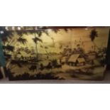 Three large oriental black and gilt lacquered wooden panels