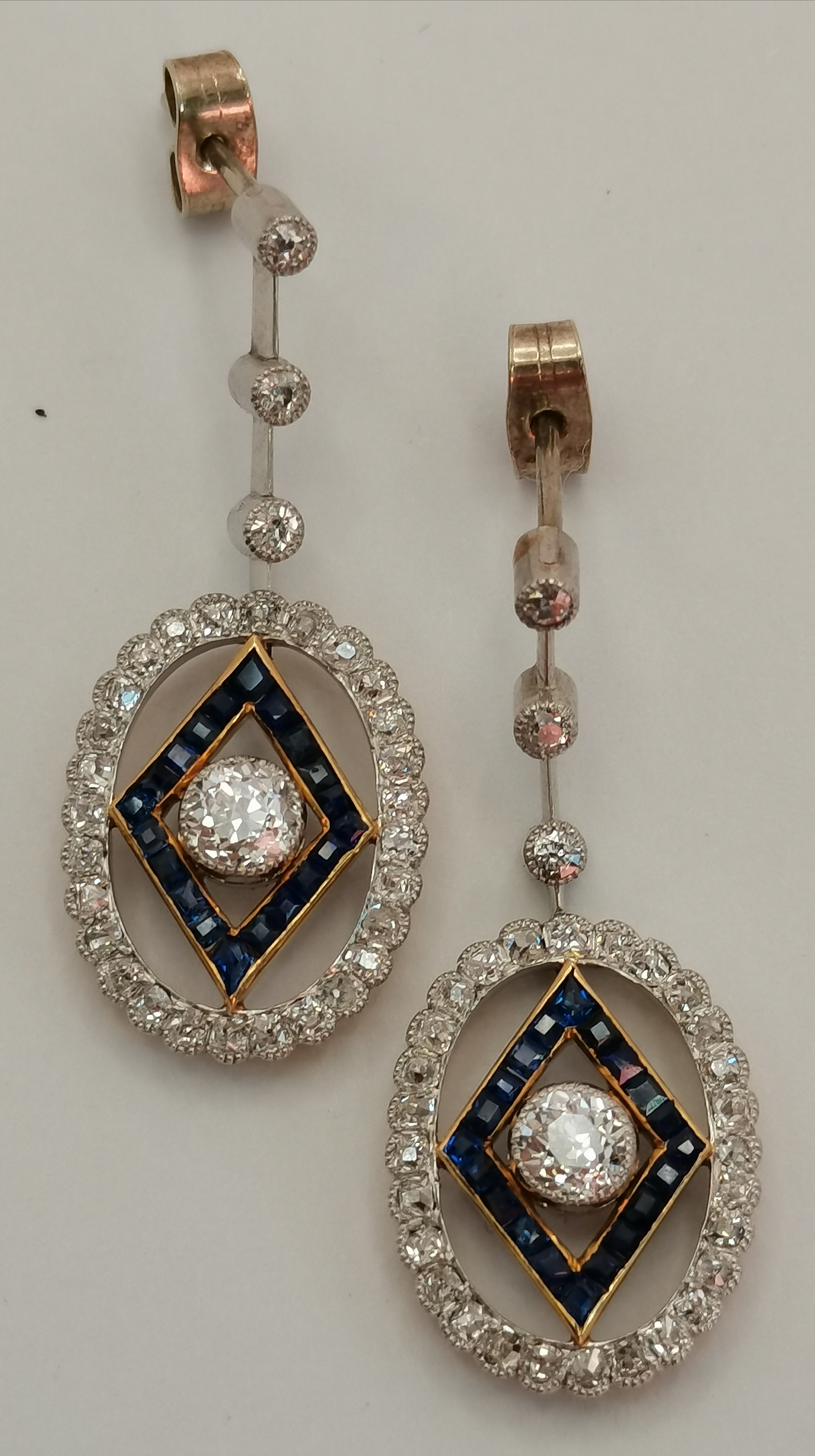 A pair of Art Deco platinum and 18 carat gold diamond and sapphire pendant earrings - Image 2 of 12