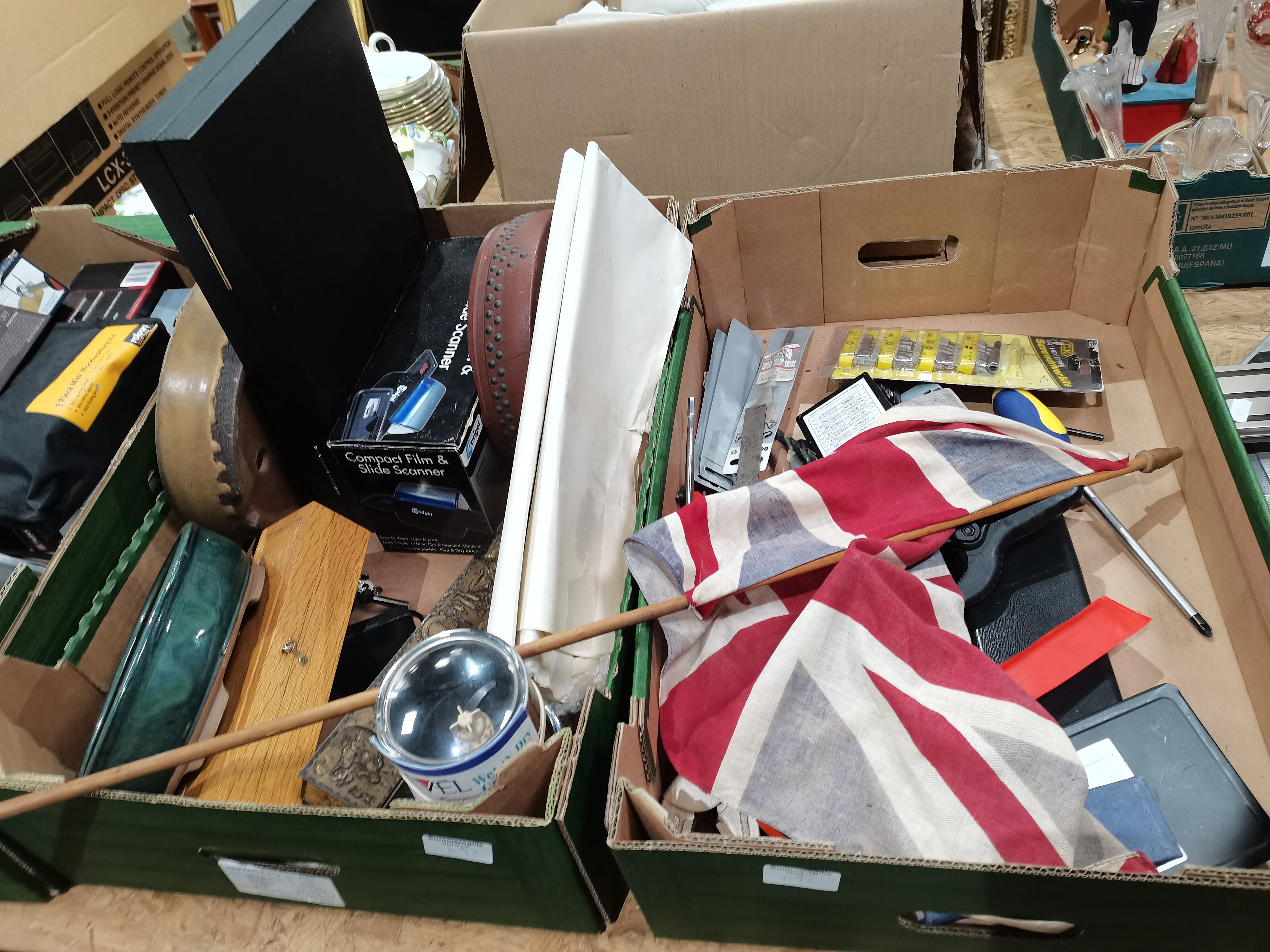 4 x boxes of tools, woodworking kit, chess set, vintage Union Flag, Dremel Workstation etc - Image 3 of 4
