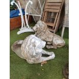 Pair of seated stone garden lions 67cm length (A/F)