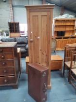 Pine cupboard H180cm x W48cm with 2 drawers and old leather suitcase