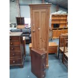 Pine cupboard H180cm x W48cm with 2 drawers and old leather suitcase