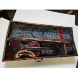 A vintage full (4/4) size violin and bow, in wooden case, plus Gnome Universal Alpha light