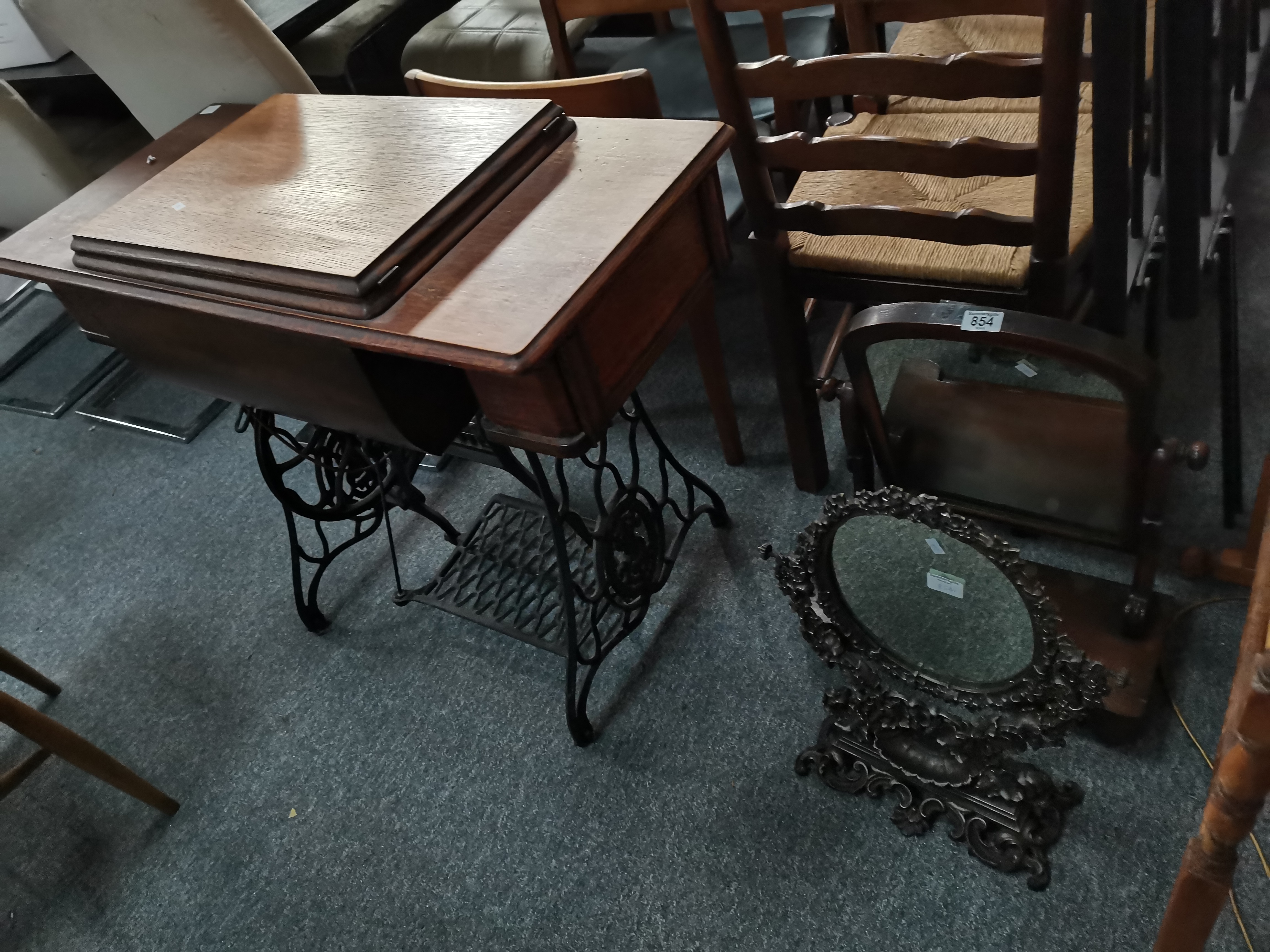 A Victorian swing dressing mirror, cast iron dressing mirror, pine towel rail, sewing machine, etc - Image 3 of 3