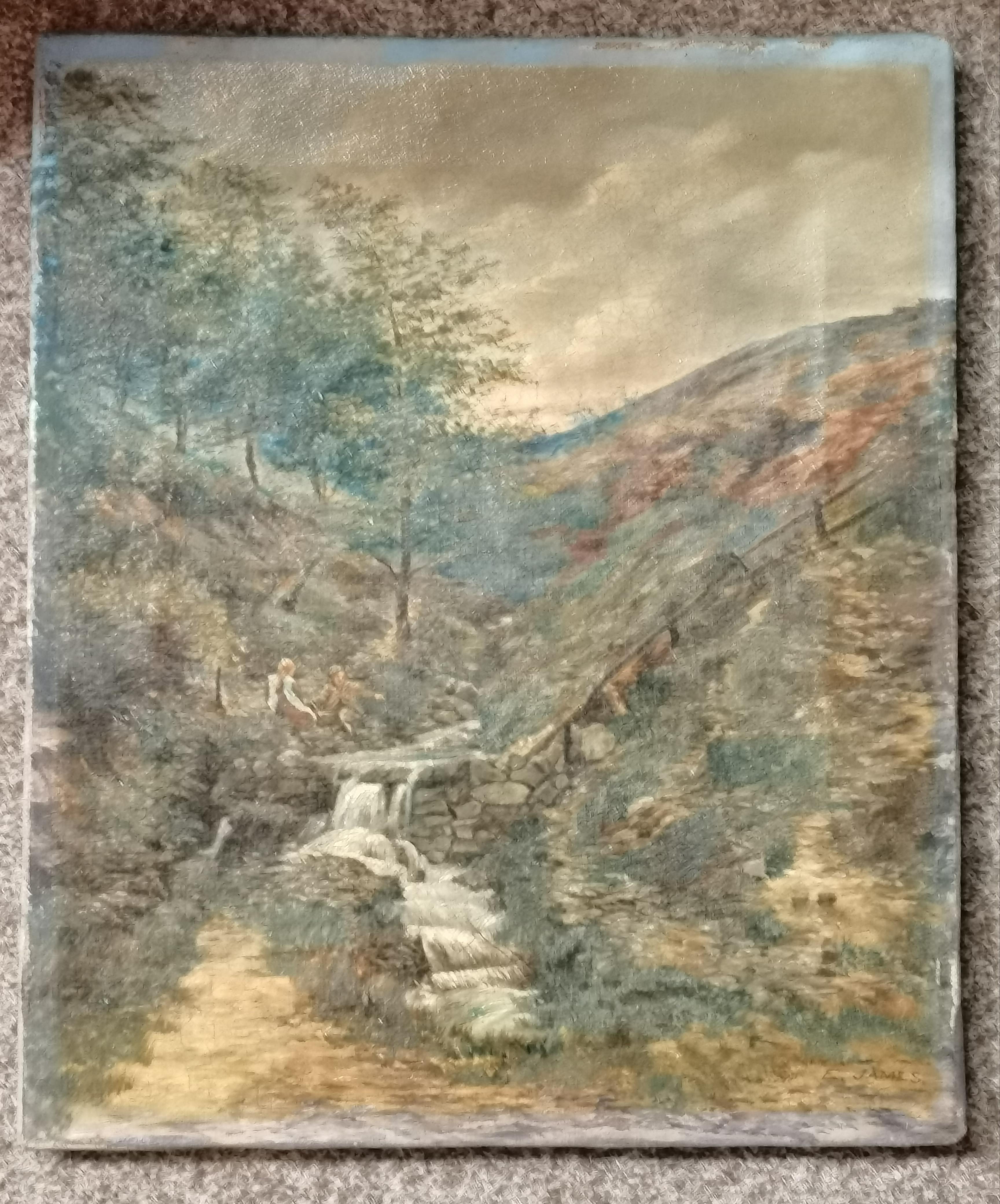 A pair of antique oil paintings on canvas of countryside scenes by E. JAMES - Image 3 of 4