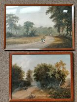 A pair of antique oil paintings on board of countryside scenes