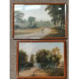 A pair of antique oil paintings on board of countryside scenes