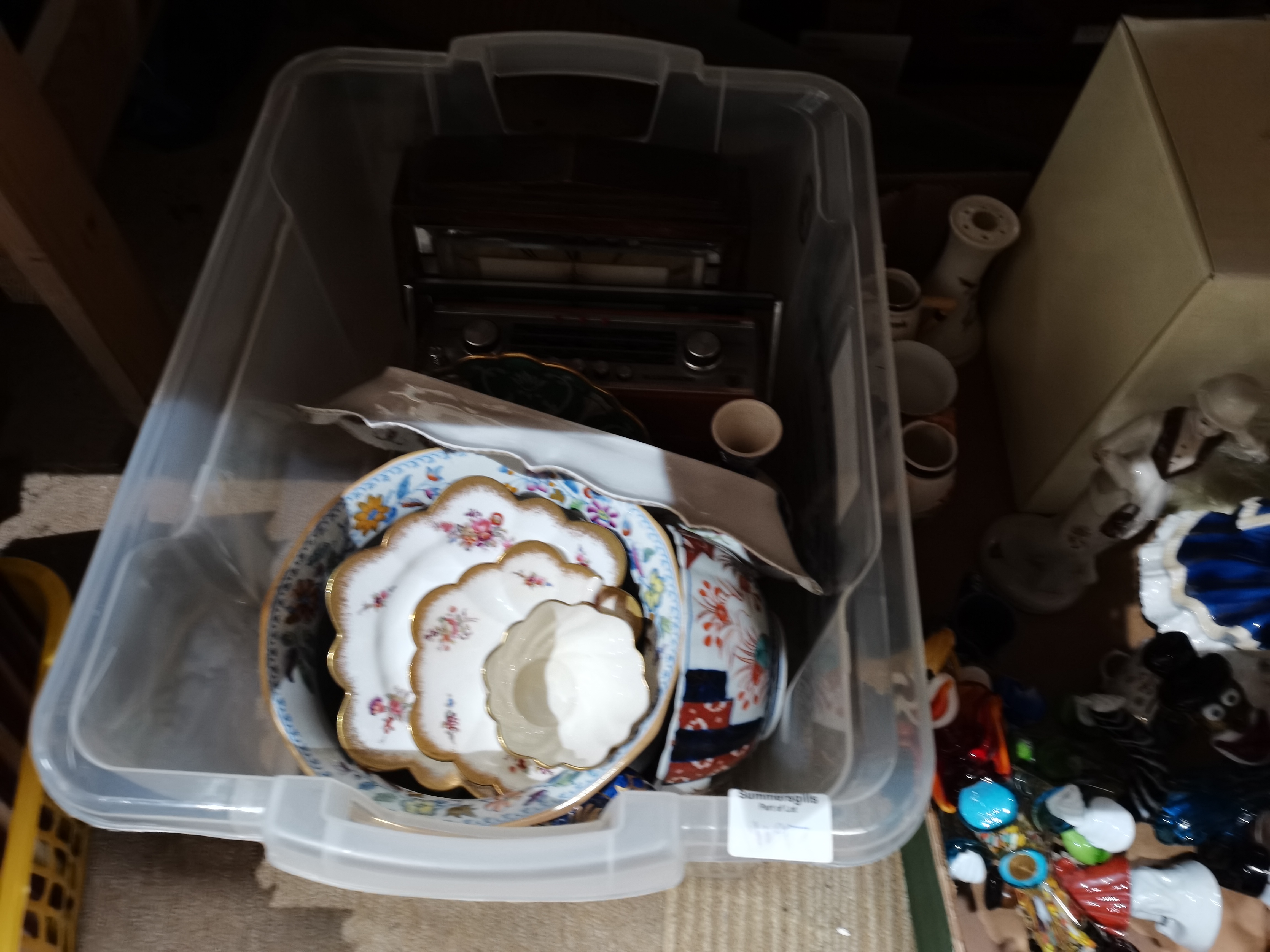 x4 boxes misc items incl vintage clock and radio, Coalport lady figure, plates etc - Image 4 of 4