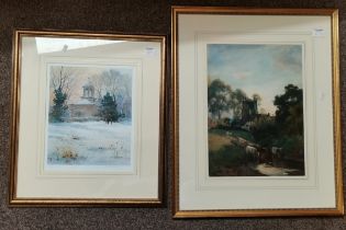 Cattle at a pond, watercolour; and a limited edition print of a snowy landscape