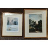 Cattle at a pond, watercolour; and a limited edition print of a snowy landscape