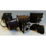 Ikonta camera, Kodak Brownie Flash III camera and binoculars all in original cases