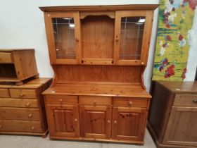 Pine Kitchen dresser with glazed top cupboards W138cm x D45cm x H183cm - in 2 halves