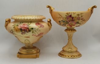 Two Royal Worcester blush ivory twin-handled pedestal dishes