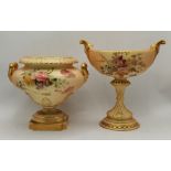 Two Royal Worcester blush ivory twin-handled pedestal dishes