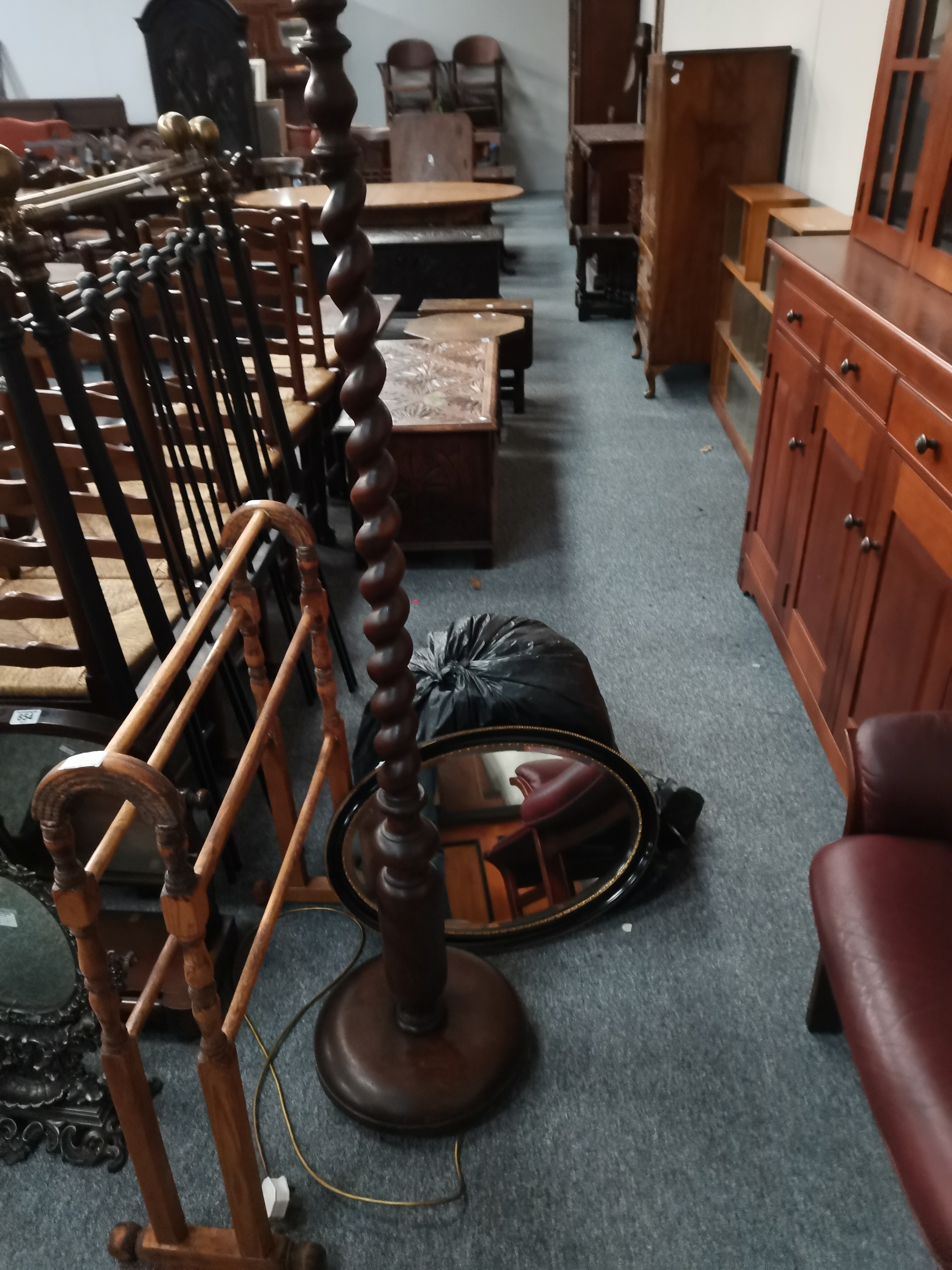 A Victorian swing dressing mirror, cast iron dressing mirror, pine towel rail, sewing machine, etc - Image 2 of 3