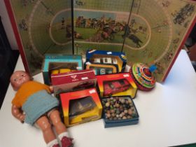 Vintage toys incl boxed corgi cars, spinning top, marbles, doll