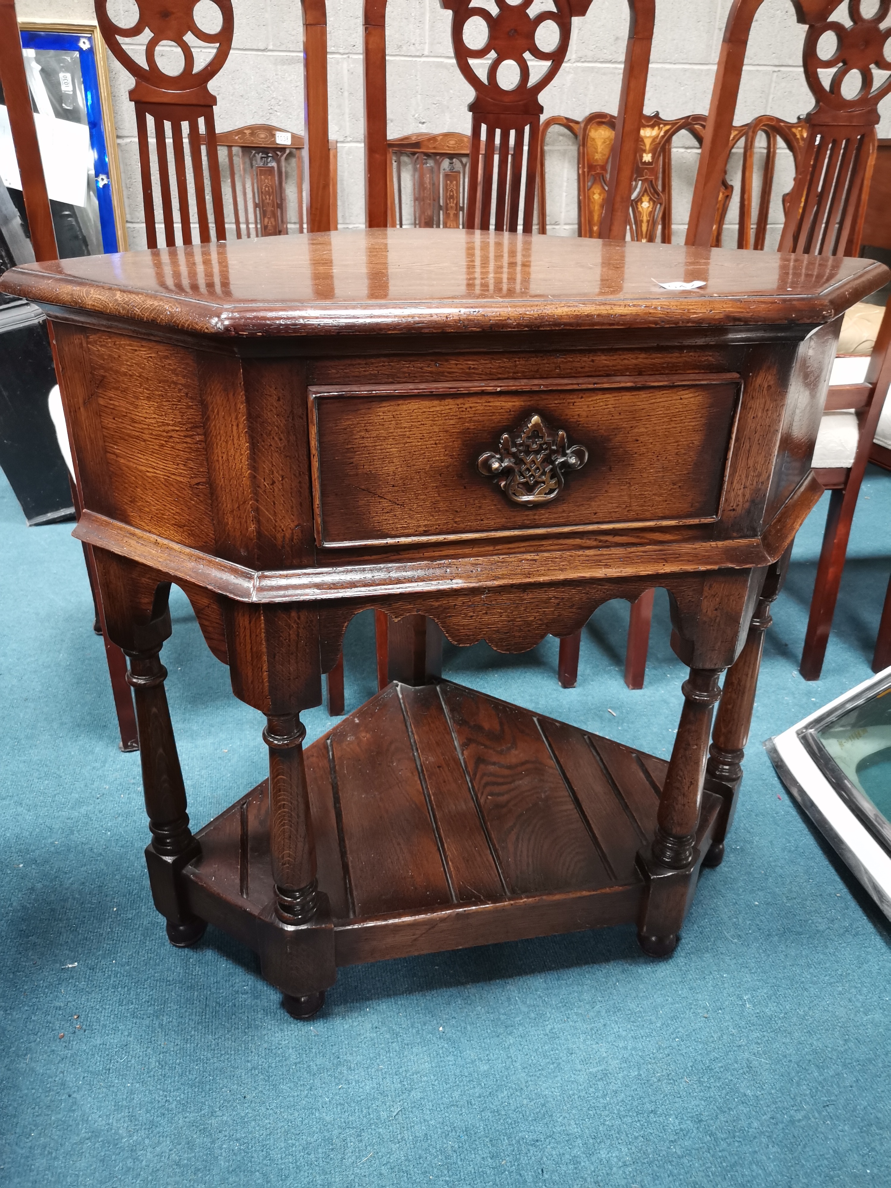 Dark Oak corner table with drawer and shelf under