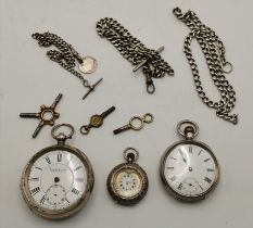 Three silver open-faced pocket watches, etc.